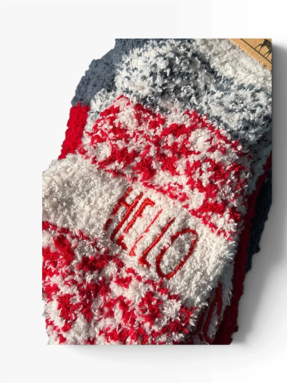 Rae Dunn ‘Hello Winter’ Gray & Red Snowflake Fuzzy 3 Pack Socks